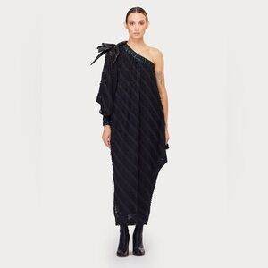 One-Shoulder Black Draped Dress with Bow Accent